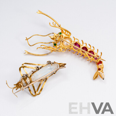 Mantas Shrimp Brooch & Bug Brooch, Gold Tone with Natural Rubies, Pearl, Emerald & Moonstones