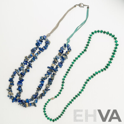 Vintage Gemstone Necklaces - Malachite Gradutaed Beaded Necklace & Lapis Lazuli Beaded Necklace on Suede