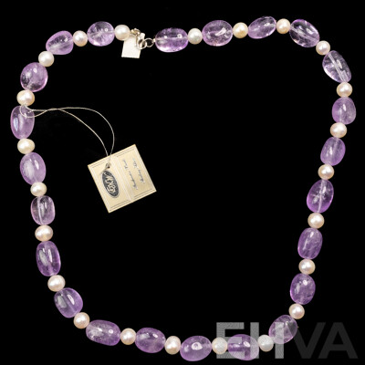 NEW - MKOD Sterling Silver Amethyst & Cultured Pearl Necklace, 60cm, Hallmarked 925