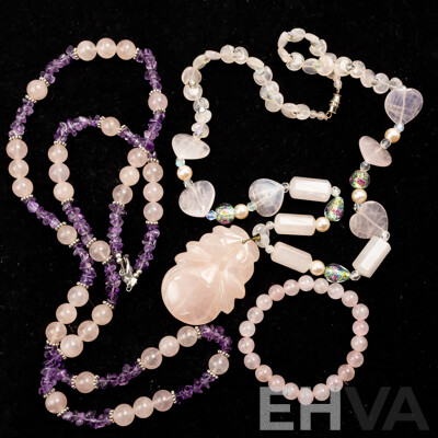 Rose Quartz Carved Pendant with Beaded Rose Quartz Necklace & Amethyst & RQ Beaded Necklace