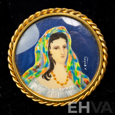 Vintage French Handpainted Portrait Brooch, 58mm, Signed