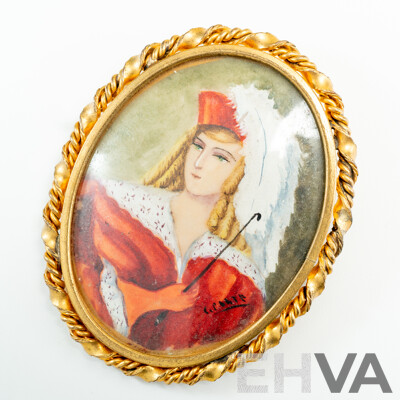 Vintage French Handpainted Oval Portrait Brooch, 58mm, Signed