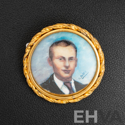Vintage French Handpainted Portrait Brooch, Round 45mm, Signed