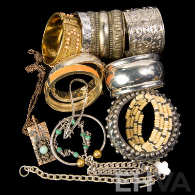 Collection of (14) Vintage Bangles, Cuffs & Bracelets with Turquoise Pendant