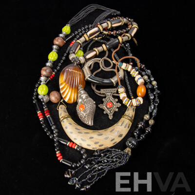 Beaded Tribal (7) Necklaces Also Included Silvertone Shell Pendant & Horn Open Cuff Bangle