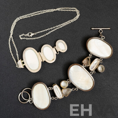 Sterling Silver 70mm Mother of Pearl Pendant and Bracelet with Osmena/biwa Pears/MOP