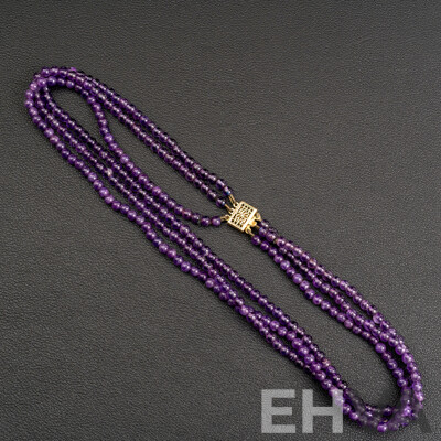Vintage Triple Strand Amethyst Beads, 40cm Long with Gold Tone Pearl Clasp