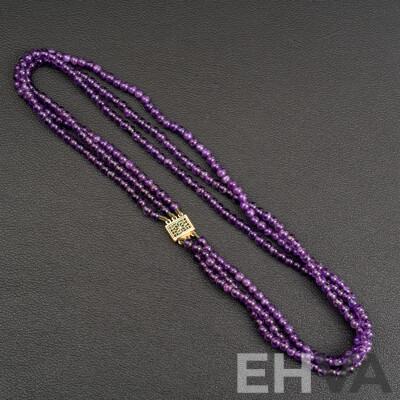 Vintage Triple Strand Amethyst Beads, 40cm Long with Gold Tone Pearl Clasp