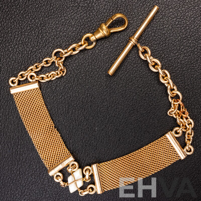Vintage Gold Tone Fob Chain with Mesh Detail and Mother of Pearl, 21cm, Could Also Be Worn as a Bracelet