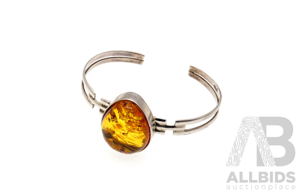 Sterling Silver Vintage Baltic Amber Cabochon Open Cuff Style Bangle, 57mm, 20.02 Grams