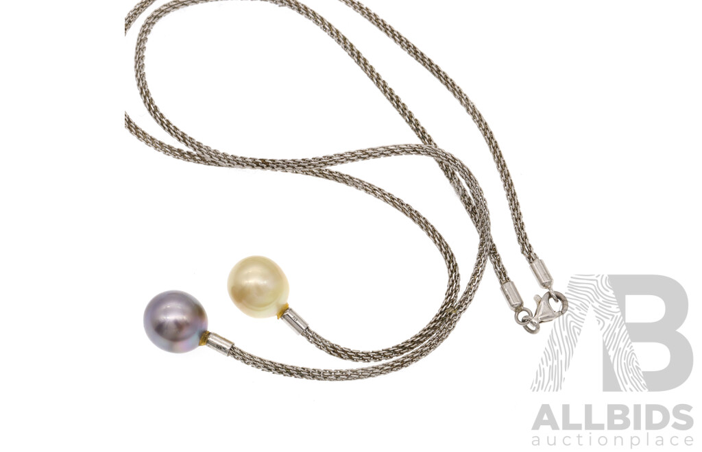 Sterling Silver Tahitian and Pale Gold South Sea Cultured Pearl Lariet Style Necklace, 12.78 Grams