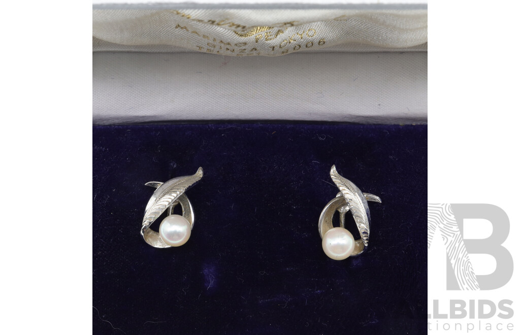 Mikimoto Sterling Silver Cultured Pearl Earrings with Screw Back Clip on Fittings in Original Presentation Box, 3.25 Grams