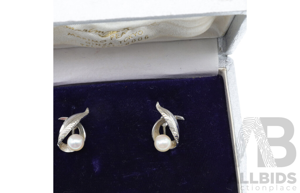 Mikimoto Sterling Silver Cultured Pearl Earrings with Screw Back Clip on Fittings in Original Presentation Box, 3.25 Grams