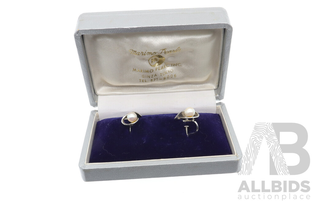 Mikimoto Sterling Silver Cultured Pearl Earrings with Screw Back Clip on Fittings in Original Presentation Box, 3.25 Grams