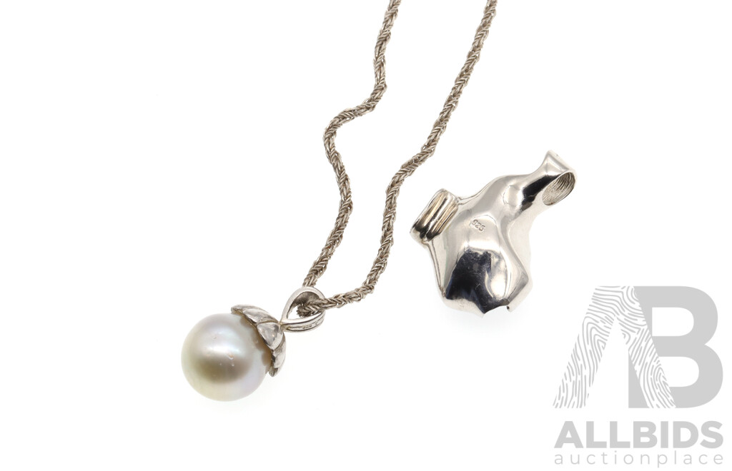 Sterling Silver South Sea Pearl Pendant and 78cm Rope Link Chain with Sterling Silver Tahitian Pearl Pendant, 22.02 Grams