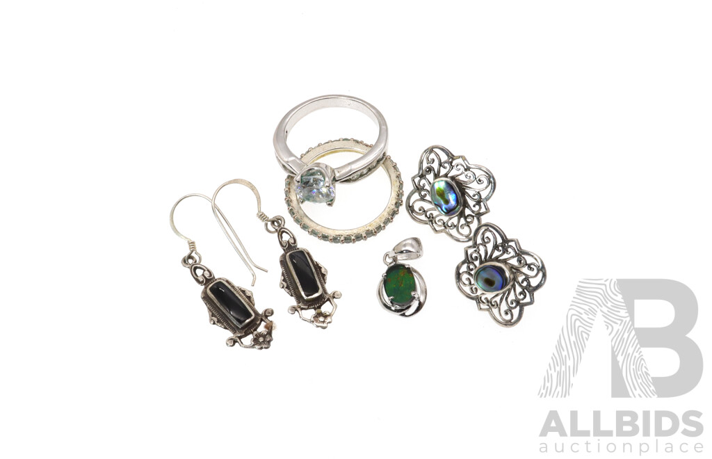 Sterling Silver CZ Ring Set, Size R with Opal Triplet Pendant, (2) Pairs of Sterling Silver Earrings with Paua Shell & Onyx, 14.0grams