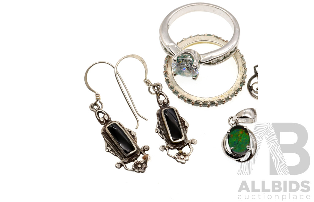 Sterling Silver CZ Ring Set, Size R with Opal Triplet Pendant, (2) Pairs of Sterling Silver Earrings with Paua Shell & Onyx, 14.0grams