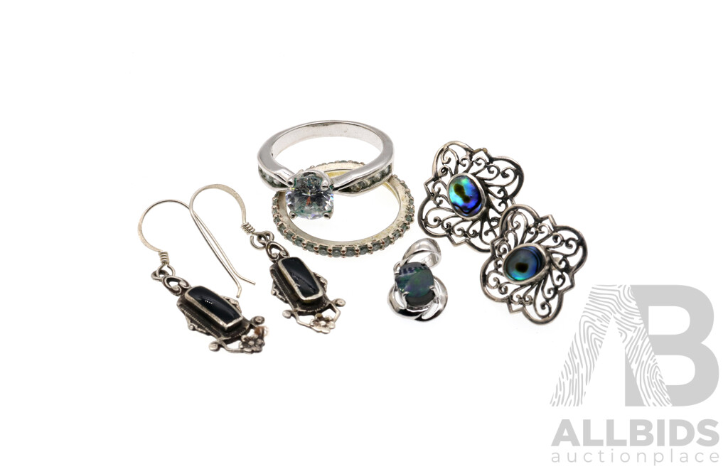 Sterling Silver CZ Ring Set, Size R with Opal Triplet Pendant, (2) Pairs of Sterling Silver Earrings with Paua Shell & Onyx, 14.0grams