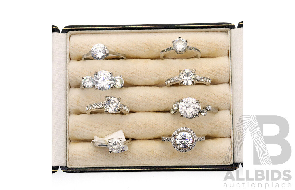 Rhodium Plated Holiday/travel (8) Ring Collection, Cubic Zirconia Settings, in Vintage Style Ring Box