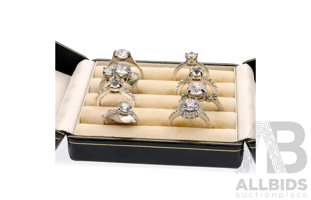 Rhodium Plated Holiday/travel (8) Ring Collection, Cubic Zirconia Settings, in Vintage Style Ring Box