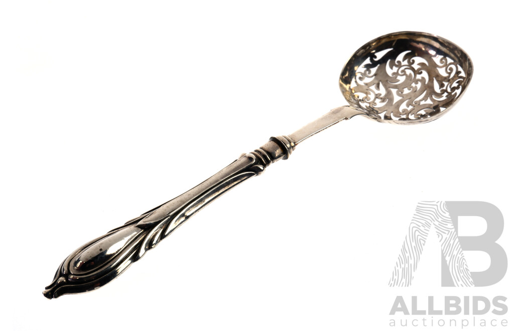 Antique Sterling Silver Sewrving Spoon with Pierced Foliate Detail to Bowl, Birmingham, 1863