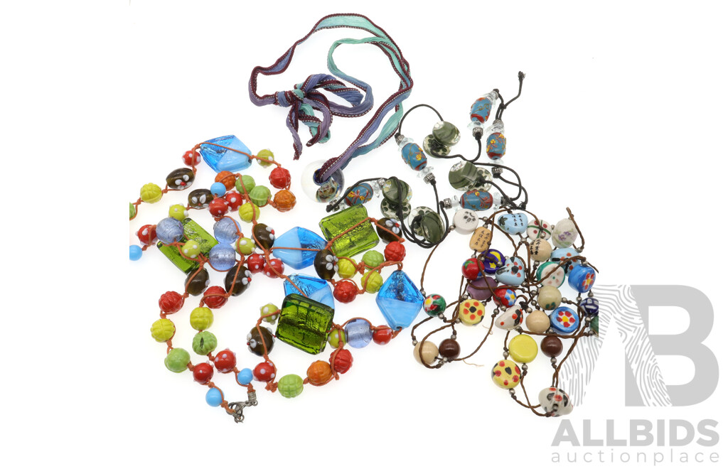 Collection of (4) Artisan Glass & Ceramic Beaded Necklaces with Colourful, Fun Designs