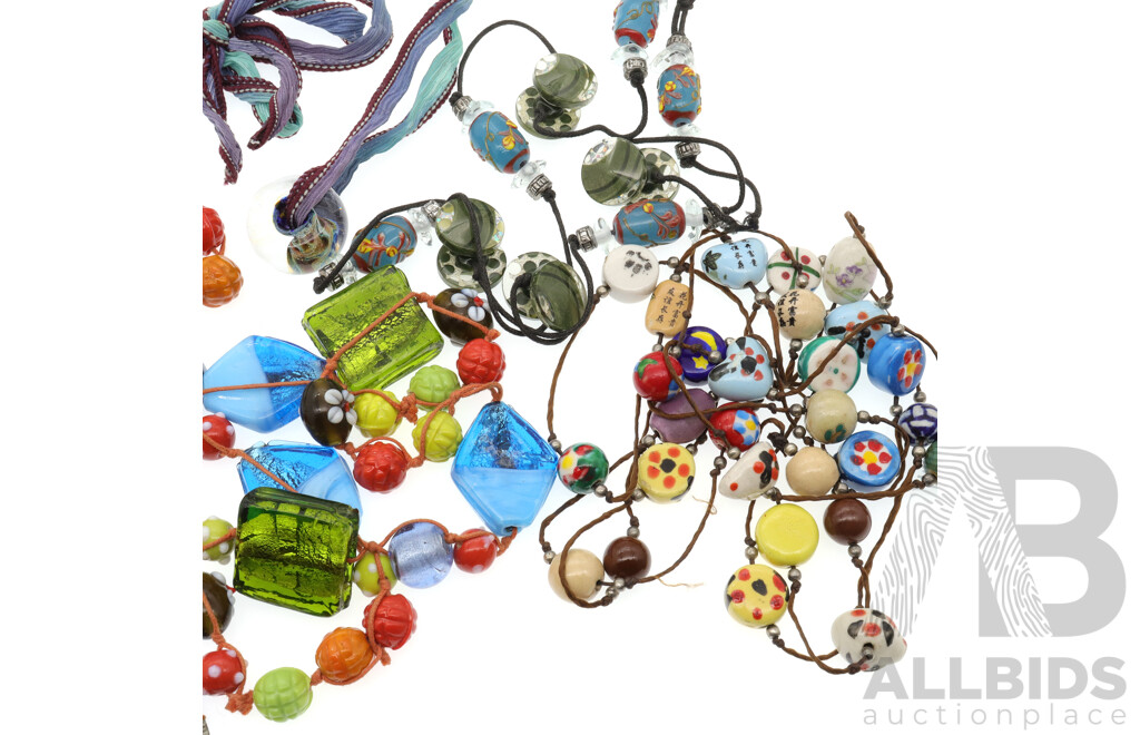 Collection of (4) Artisan Glass & Ceramic Beaded Necklaces with Colourful, Fun Designs