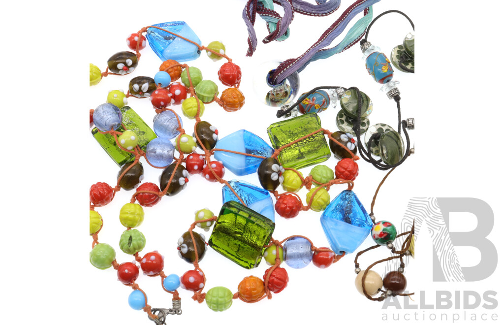 Collection of (4) Artisan Glass & Ceramic Beaded Necklaces with Colourful, Fun Designs