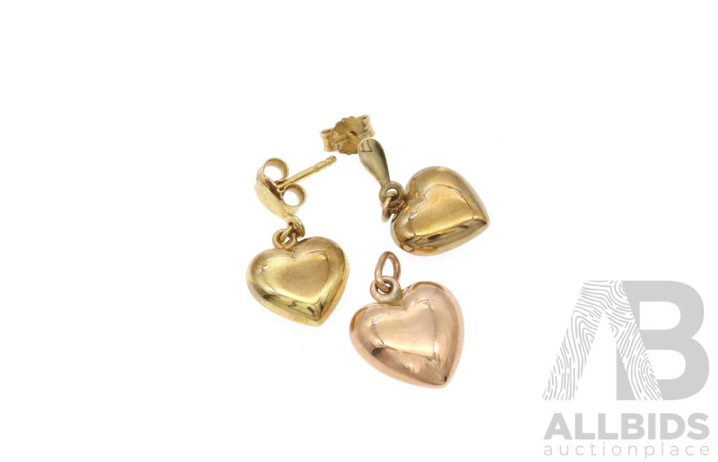 9ct Rose Gold Puffy Heart Pendant & 9ct Yellow Gold Matching Drop Stud Earrings, 2.27 Grams