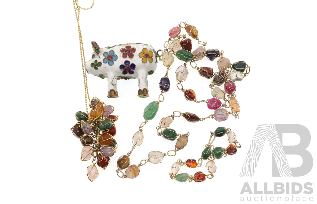 Cute Little Cloisonne Pig and (2) Necklaces & Bracelet with Caged Polished Natural Gemstones