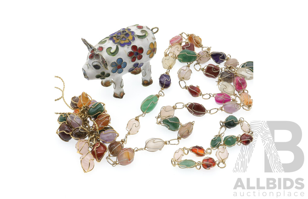 Cute Little Cloisonne Pig and (2) Necklaces & Bracelet with Caged Polished Natural Gemstones