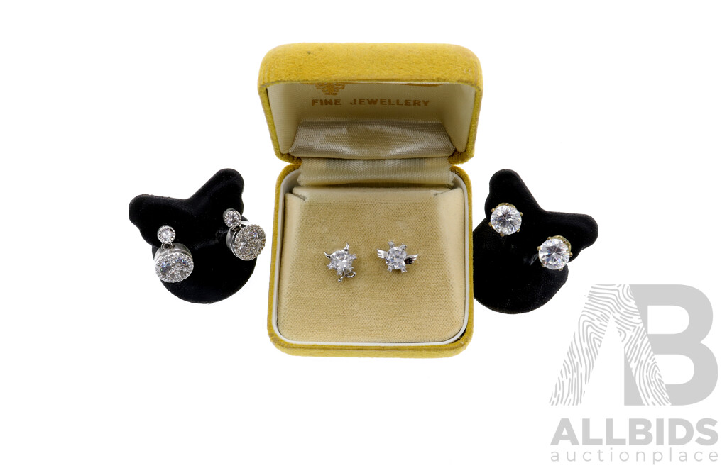 Silver Plated Vintage (3) Cz Stud Earrings, Including Devil/angel, Peace Signs and Gold Tone 8mm Cz Studs