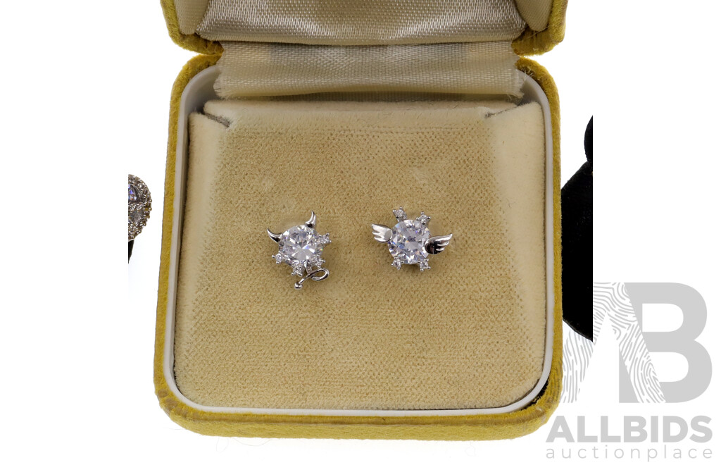 Silver Plated Vintage (3) Cz Stud Earrings, Including Devil/angel, Peace Signs and Gold Tone 8mm Cz Studs