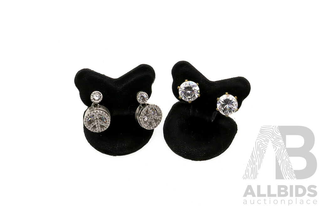 Silver Plated Vintage (3) Cz Stud Earrings, Including Devil/angel, Peace Signs and Gold Tone 8mm Cz Studs