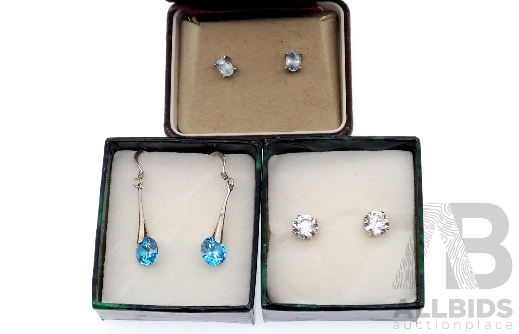 Sterling Silver Earrings Including Oval Cut Topaz Stud Earrings, 7mm CZ Studs and Blue Crystal Drops, 5.46 Grams