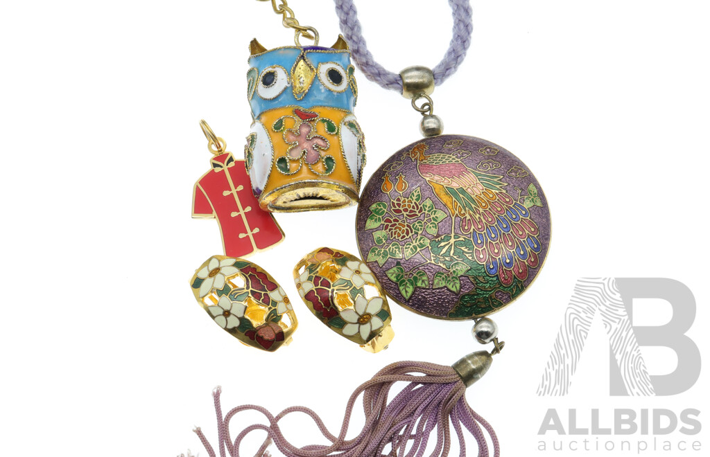 Beautiful Collection of Vintage Cloisonne Pieces Including Peacock Pendant on Cord Necklace