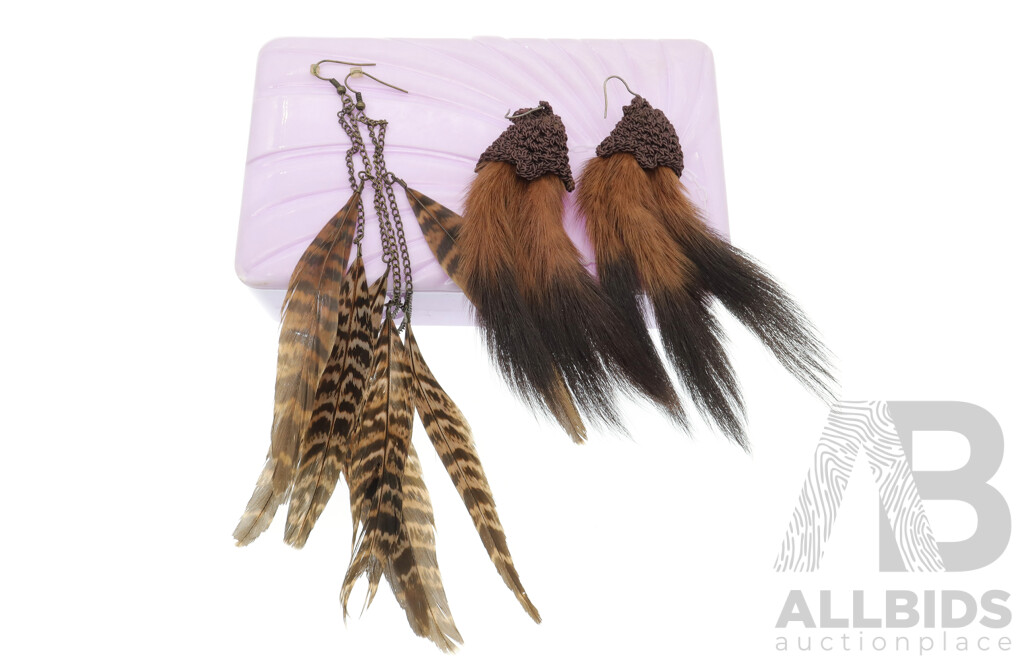 Unique Vintage Mink Tail Crotchet Hook Style Drop Earrings with Feather Earrings, in 1950's Lilac Chocolate Box