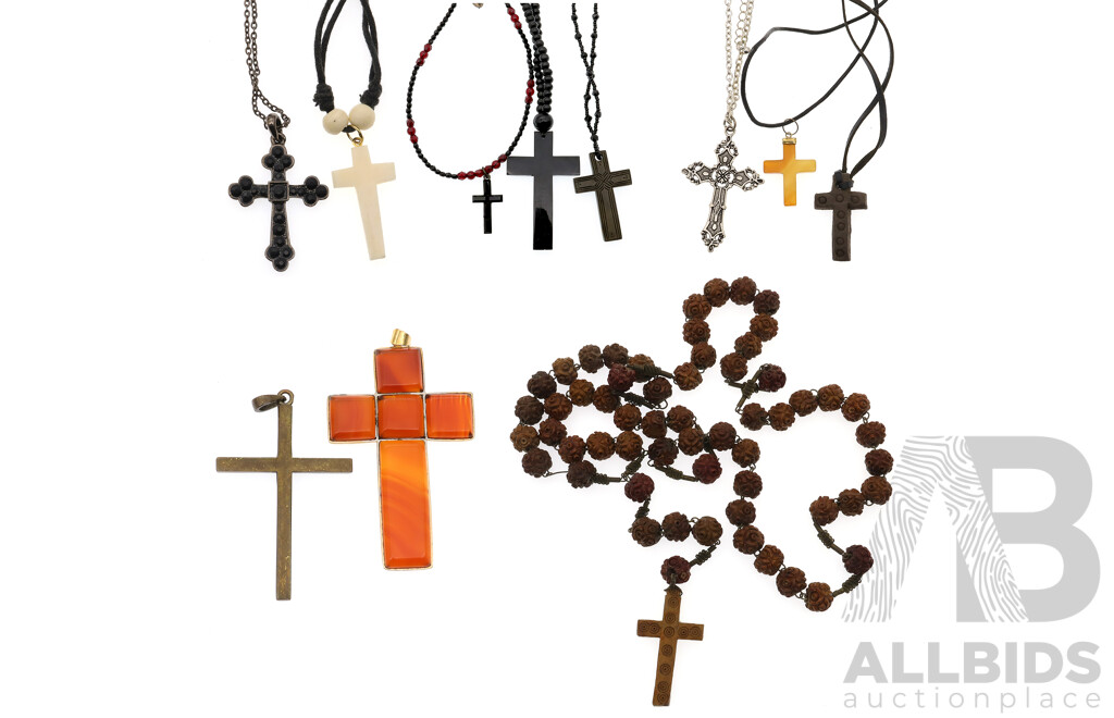 Vintage French Oversized Redrusksha Seed Rosary Beads with Collection of Other Cross Pendants & Necklaces