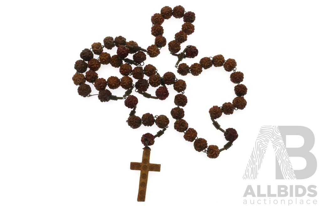 Vintage French Oversized Redrusksha Seed Rosary Beads with Collection of Other Cross Pendants & Necklaces