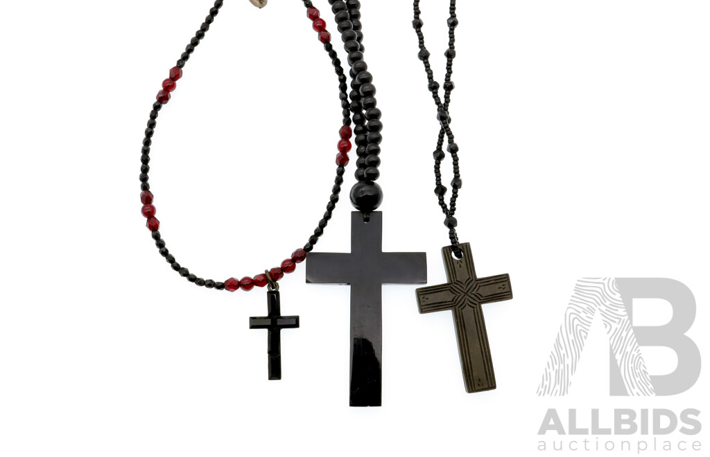 Vintage French Oversized Redrusksha Seed Rosary Beads with Collection of Other Cross Pendants & Necklaces