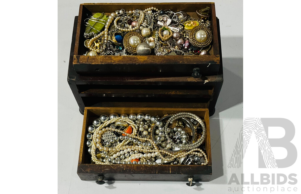 Old Wooden Jewel Box with (2) Drawers Filled with Interesting Vintage Jewellery Items, Including Sterling Silver Pearl Flower Pendant