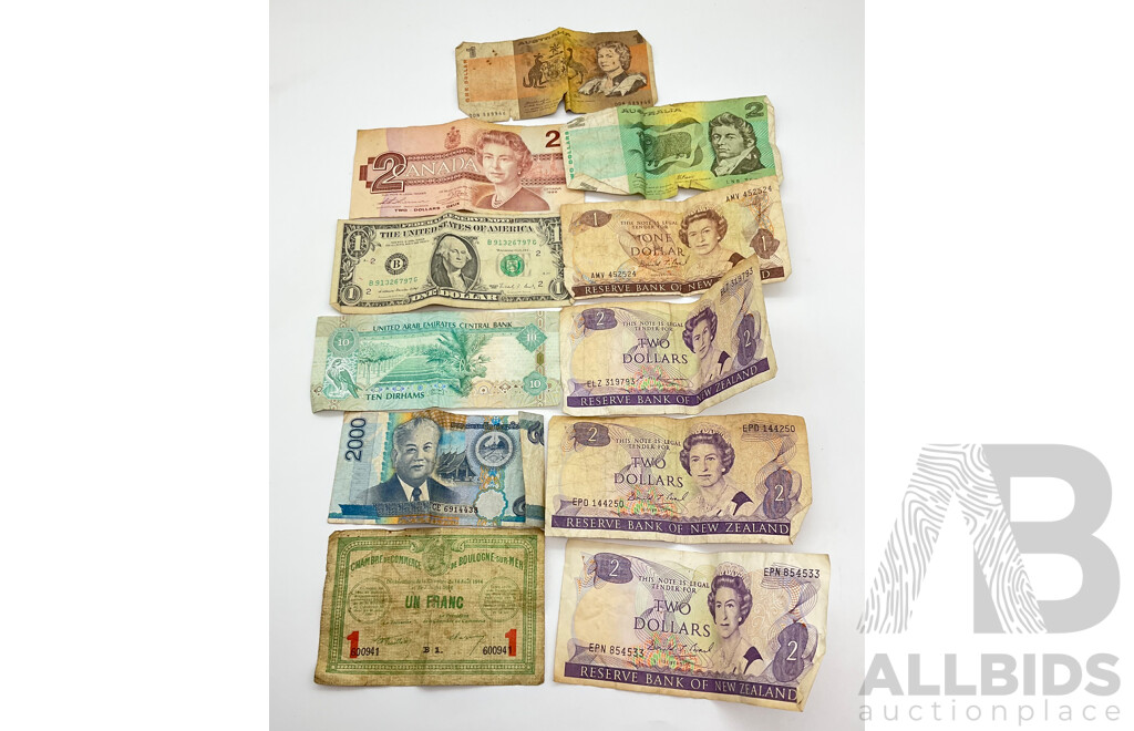 Collection of Paper Bank Notes Including 1914 One Franc, Australian One and Two Dollar, New Zealand One and Two Dollar, Canada Two Dollar, USA One Dollar, UAE Ten Dirhams, Laos 2000 Kip