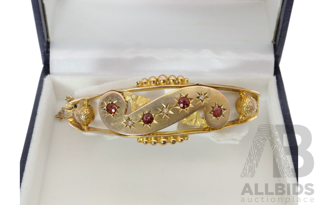 9ct Antique Edwardian Hinged Bangle Set with Garnets & Diamonds, Est TDW 0.09ct, 55mm, 10.74 Grams (Chester 1911)