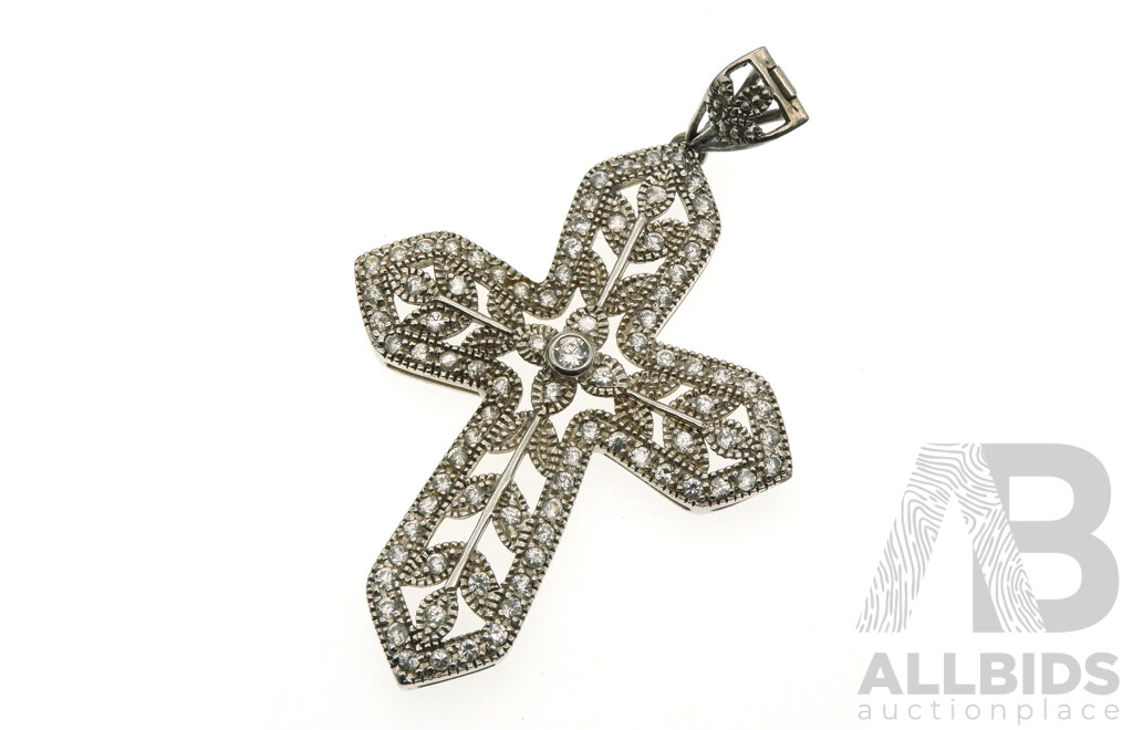 Sterling Silver Art Deco Style CZ Set Large Cross Pendant, with Enhancer Clip Bale, 65mm Long, 12.37 Grams