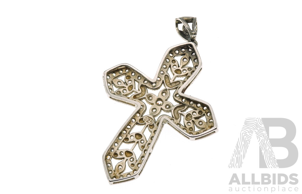 Sterling Silver Art Deco Style CZ Set Large Cross Pendant, with Enhancer Clip Bale, 65mm Long, 12.37 Grams