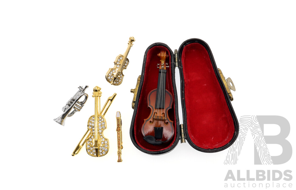 Collection of Vintage Musical Instrument Brooches Including Miniature Stringed Violin in Case