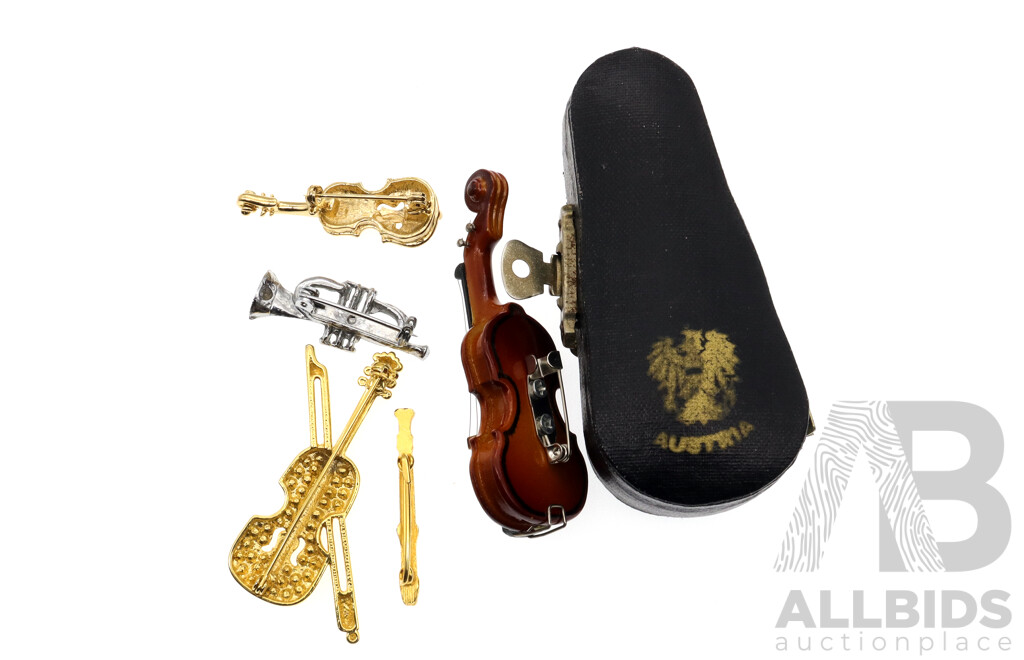 Collection of Vintage Musical Instrument Brooches Including Miniature Stringed Violin in Case