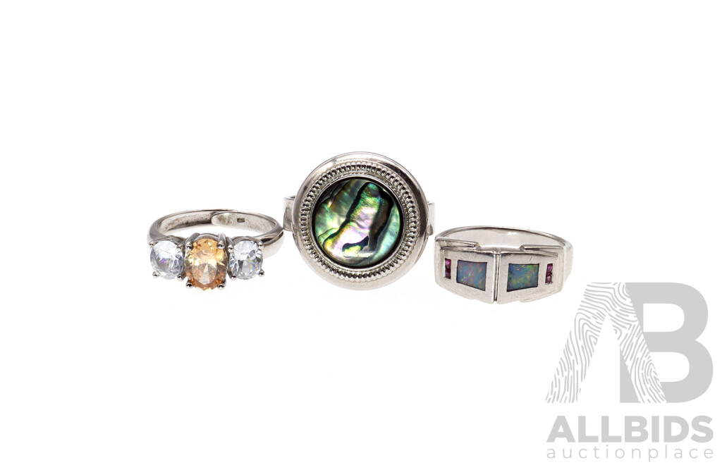 Sterling Silver Gem Set (3) Rings with Opal, Ruby, Paua Shell and Cz Stones, 19.14 Grams