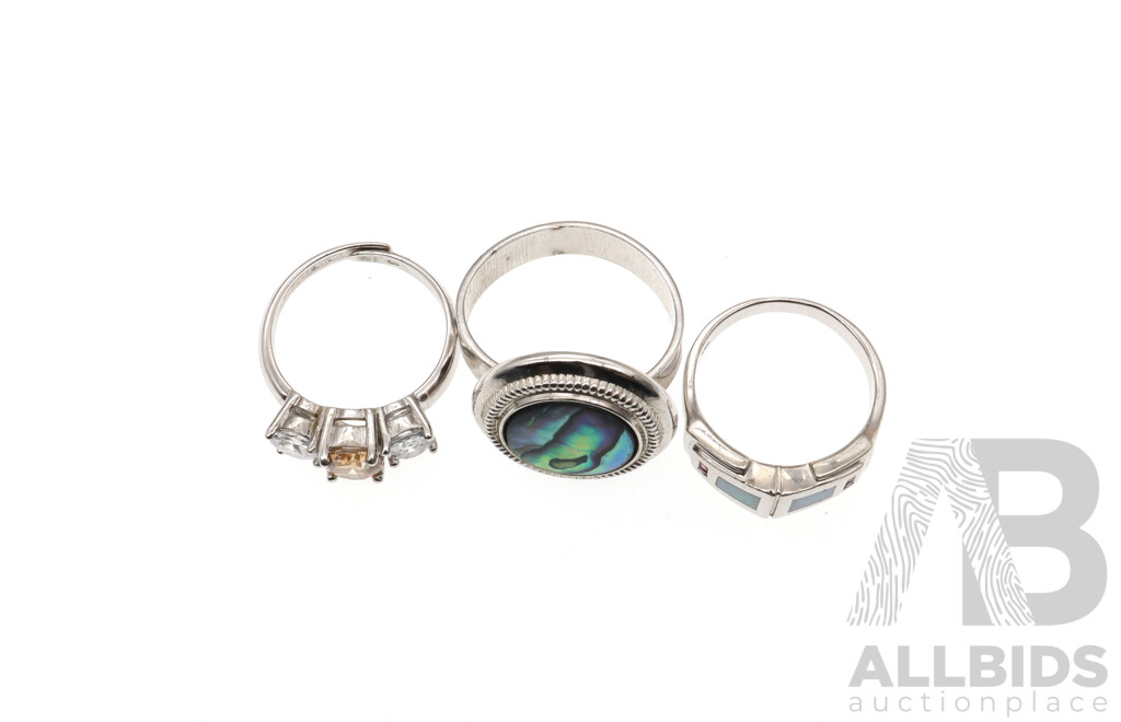 Sterling Silver Gem Set (3) Rings with Opal, Ruby, Paua Shell and Cz Stones, 19.14 Grams