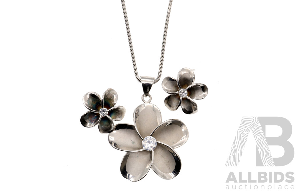 Sterling Silver Frangipani Flower Pendant and Earrings Set with CZ Stones, as New, 13.51 Grams